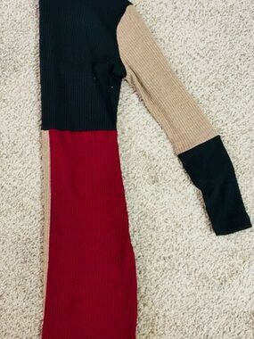 Colorblock Ribbed Sweater Dress - Black, Tan, Burgundy